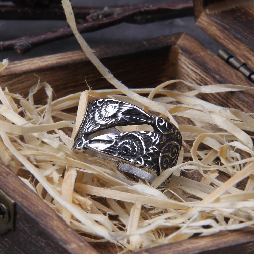 Never Fade Stainless Steel Viking Raven Statement Rings Men Vintage Nordic Viking Totem Odin Men Rings Jewelry