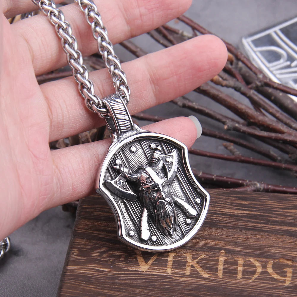 Stainless Steel Men Viking Warrior with viking axe on viking Shield pendant necklace as men gift