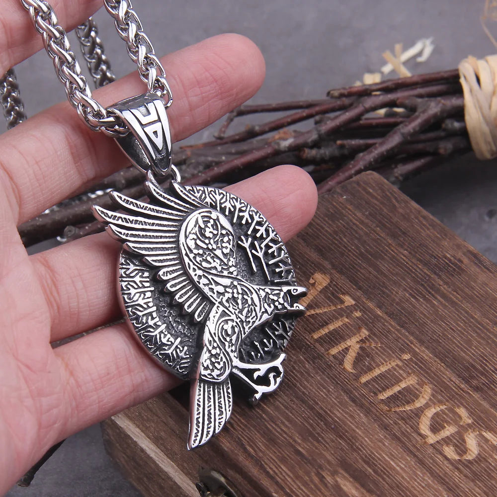 Norse Odin Symbol Viking Raven Amulet Runes Algiz Protection Wicca Talisman Crow Pendant Necklace Men Dropshipping