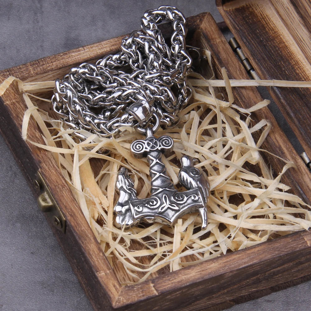 Stainless Steel Vikings jewelry Raven and wolf on viking Thor&#39;s hammer necklace with wooden box as gift