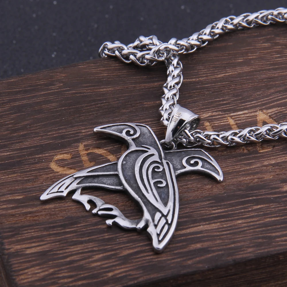 Nordic mythology Odin Huginn and Muninn pendant necklace viking Raven necklace stainless steel never fade with wooden box