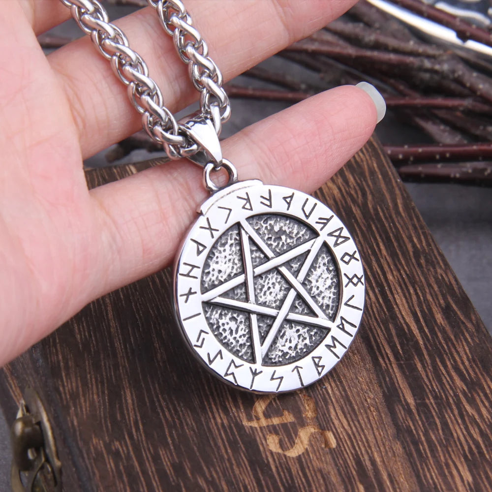 Stainless Steel Nordic Rune and Magic pentagram pendant necklace with viking wooden box as gift