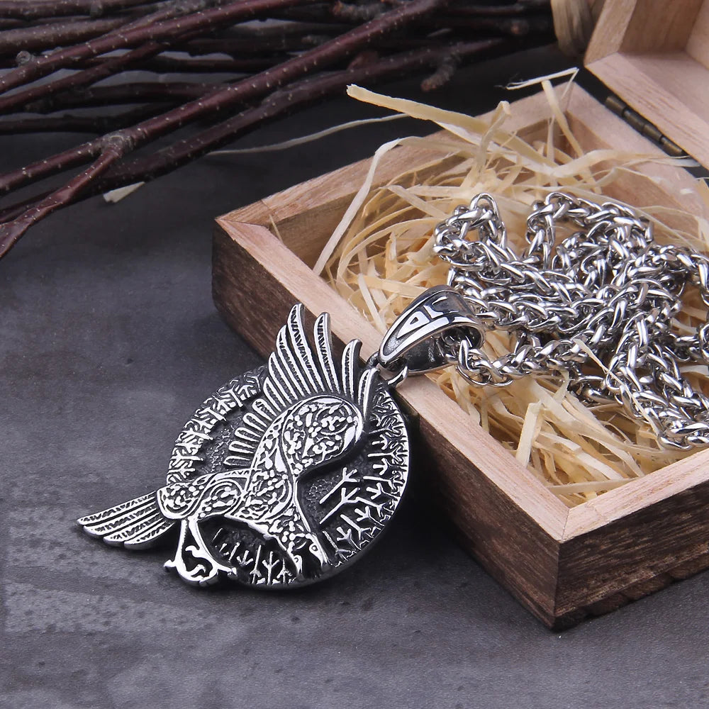 Norse Odin Symbol Viking Raven Amulet Runes Algiz Protection Wicca Talisman Crow Pendant Necklace Men Dropshipping