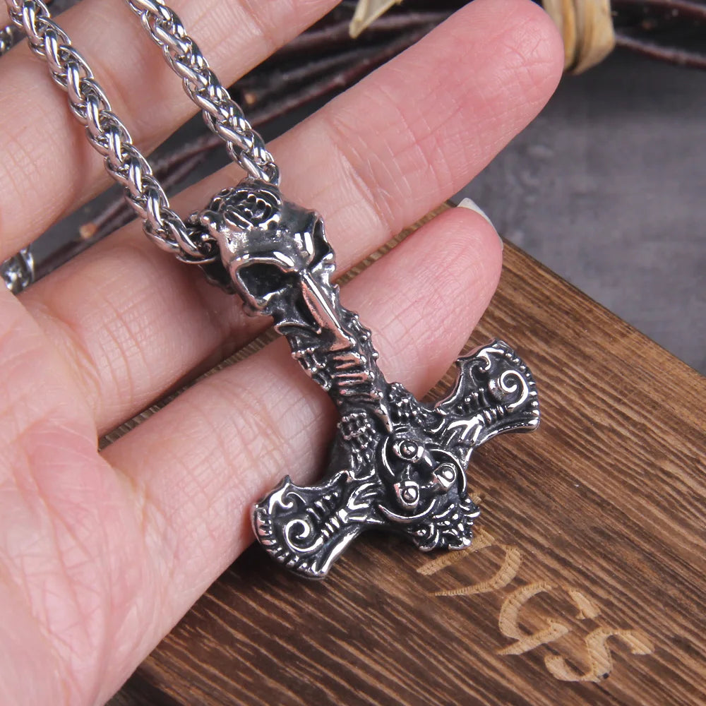 Nordic Viking Mjolnir Stainless Steel Thor Hammer Skull Helm of Awe Necklace For Men With Wooden Box