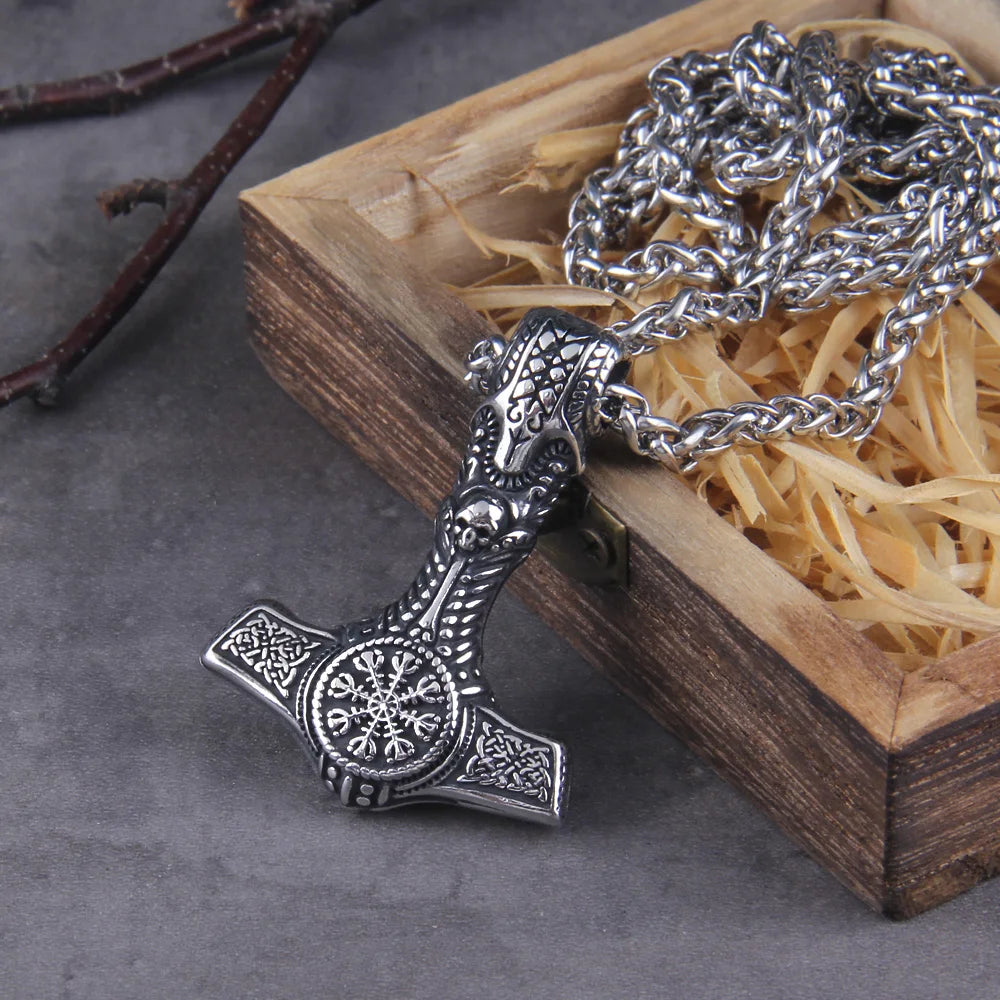 Nordic Viking Mjolnir Stainless Steel Thor Hammer Skull Helm of Awe Necklace For Men With Wooden Box