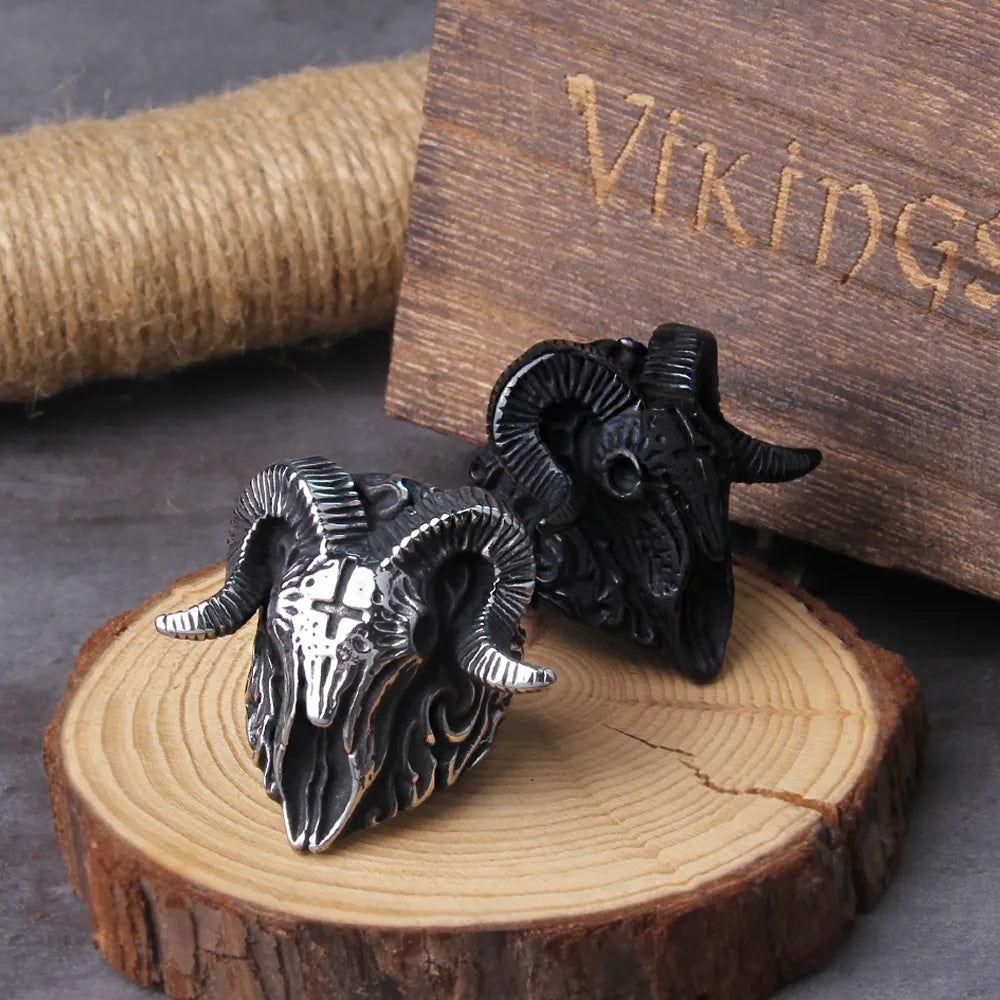 Never Fade Punk Gothic Skull Ring Men Stainless Steel Satanic Demon Sorath Biker Ring Male Baphomet Goat Head Pagan Ring Jewelry