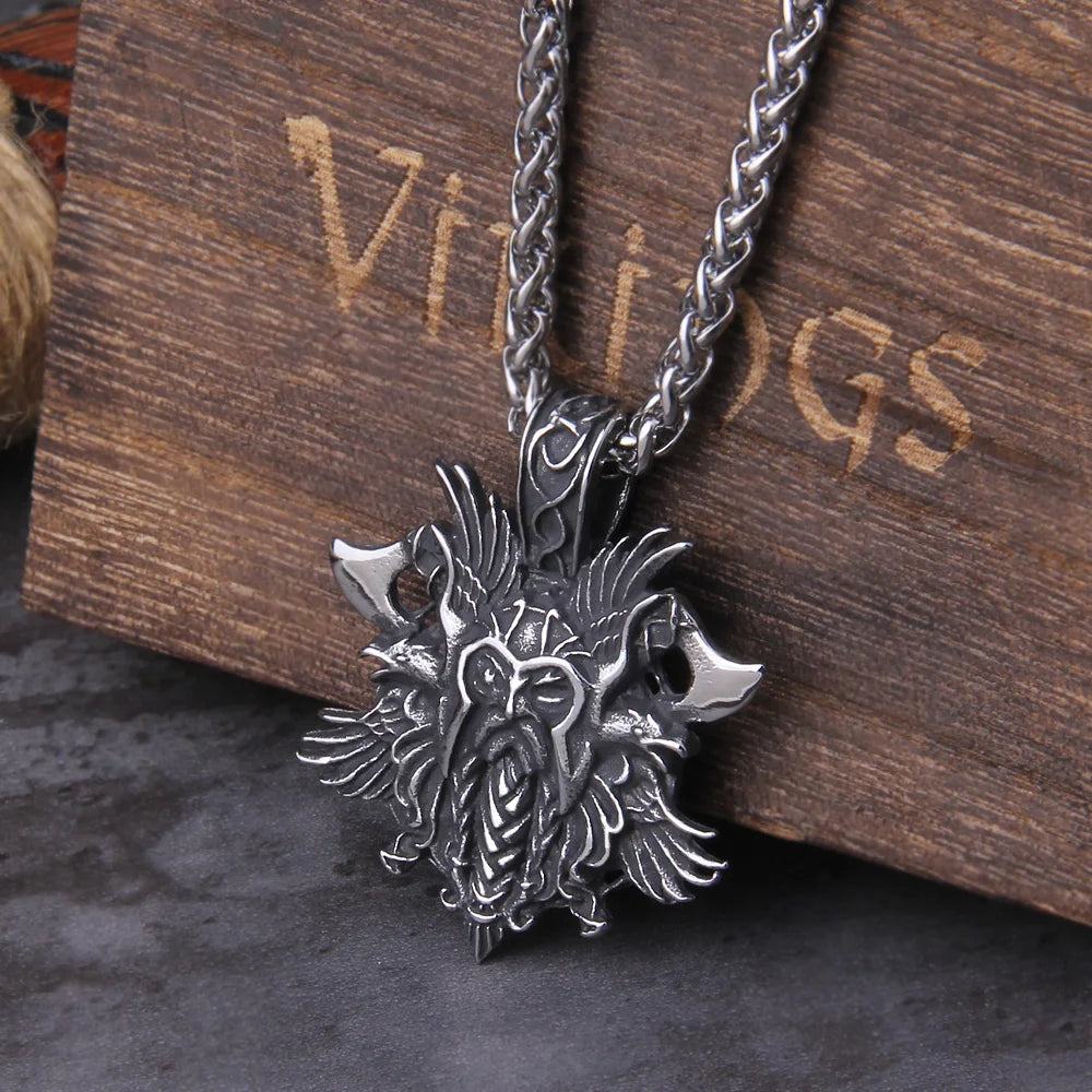 Stainless Steel Men Viking Warrior with viking axe odin raven pendant necklace as men gift with wooden box