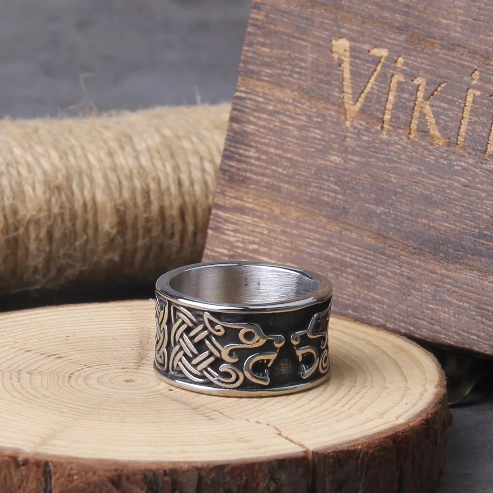 Stainless Steel Viking Symbol Bear Rings Mens Slavic Warding Veles Talisman Stainless Steel Ring Amulet Jewelry with wooden box