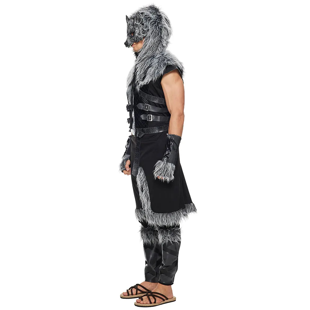 Eraspooky Men Viking Wolf Costume Medieval Werewolf Warrior Cosplay Adult Halloween Costumes Fur Leather Jumpsuit Full Set