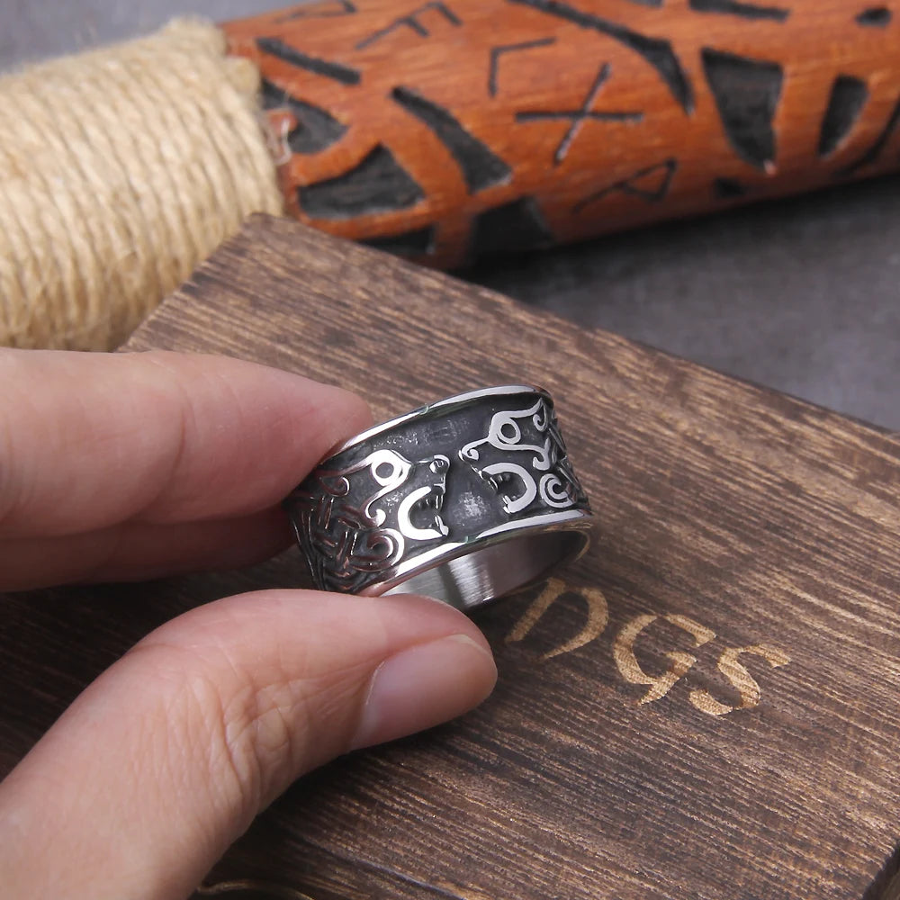 Stainless Steel Viking Symbol Bear Rings Mens Slavic Warding Veles Talisman Stainless Steel Ring Amulet Jewelry with wooden box