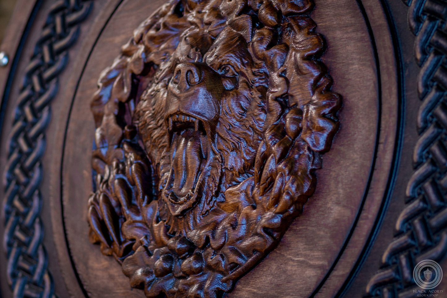 Berserker Bear Totem Oaken Carved Viking Shield, 24" - + engraved