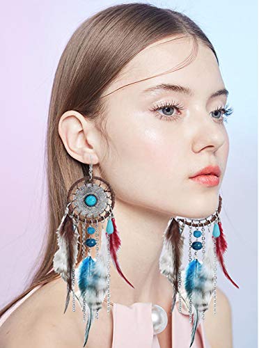 Punk Vintage Long Tassel Feather Beads Drop Wolf Tooth Pendant Earring Fish Hook Earrings Brown A