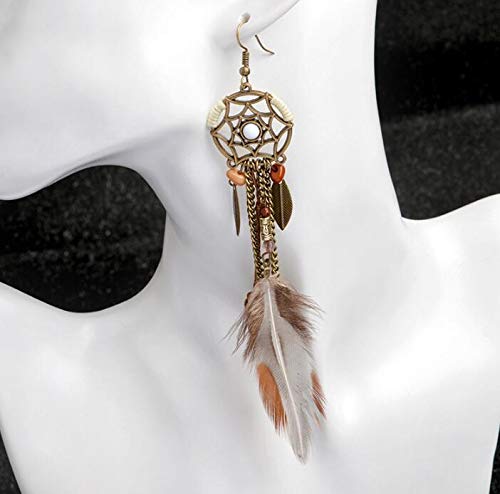 Punk Vintage Long Tassel Feather Beads Drop Wolf Tooth Pendant Earring Fish Hook Earrings Brown A