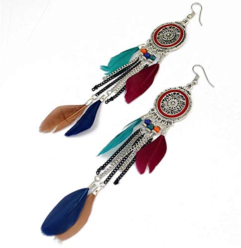 Punk Vintage Long Tassel Feather Beads Drop Wolf Tooth Pendant Earring Fish Hook Earrings Brown A