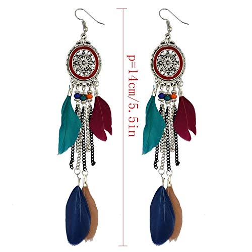 Punk Vintage Long Tassel Feather Beads Drop Wolf Tooth Pendant Earring Fish Hook Earrings Brown A