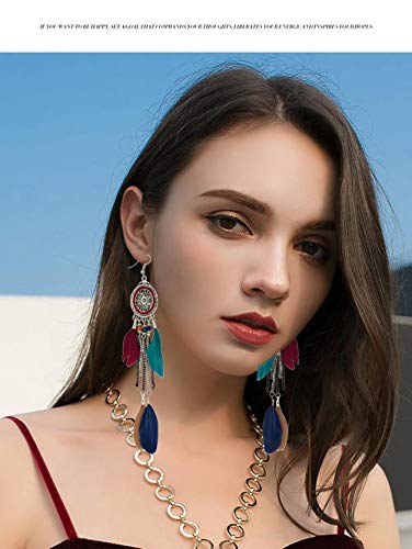 Punk Vintage Long Tassel Feather Beads Drop Wolf Tooth Pendant Earring Fish Hook Earrings Brown A