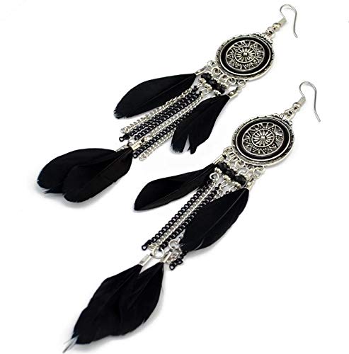 Punk Vintage Long Tassel Feather Beads Drop Wolf Tooth Pendant Earring Fish Hook Earrings Brown A