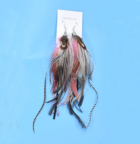 Punk Vintage Long Tassel Feather Beads Drop Wolf Tooth Pendant Earring Fish Hook Earrings Brown A