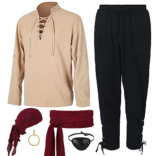 Leumoi 6 Pcs Men's Pirate Costume Men's Renaissance Medieval Viking Shirt Banded Pants Bandana Sash Belt Eye Patch Earrings Small Apricot, Black, Wine Red