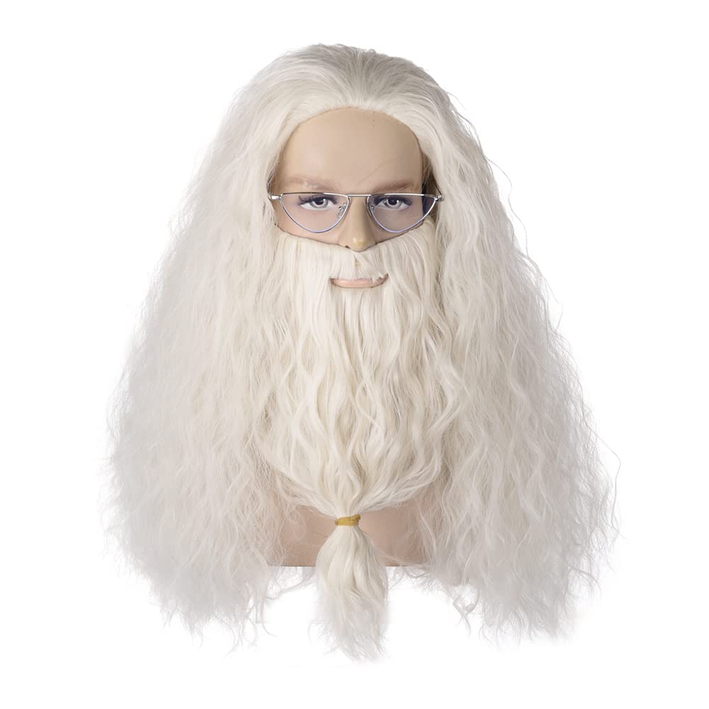 Fake Beard Wig | Qacf Long Curly Mens Wizard Mustache Wig Halloween Costume Cosplay Viking White Wig Glasses and Beard(White)