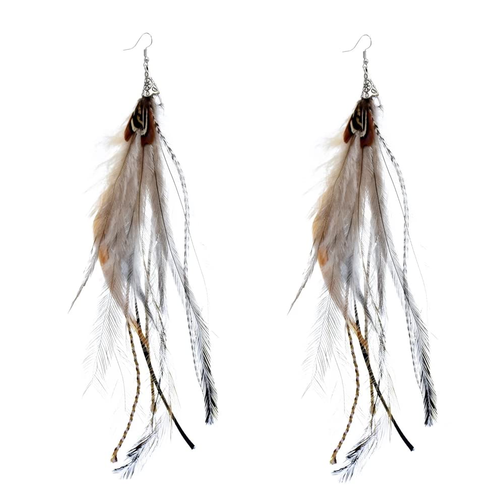 Punk Vintage Long Tassel Feather Beads Drop Wolf Tooth Pendant Earring Fish Hook Earrings Brown A