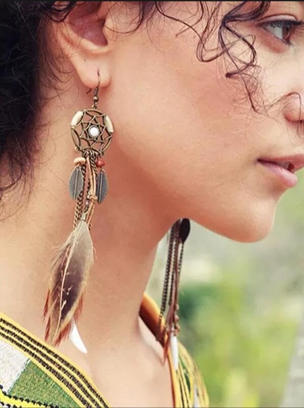 Punk Vintage Long Tassel Feather Beads Drop Wolf Tooth Pendant Earring Fish Hook Earrings Brown A