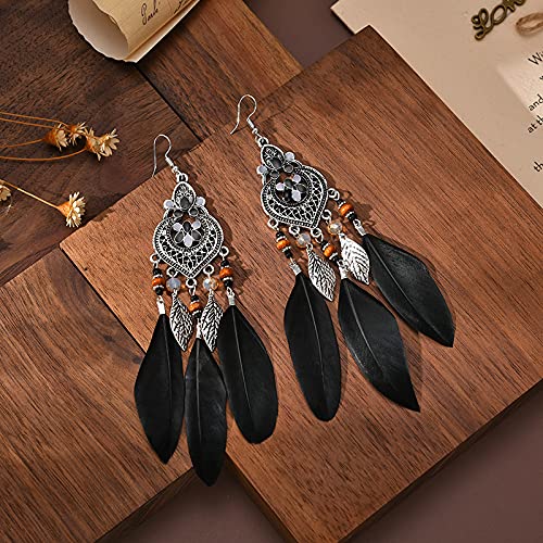 Punk Vintage Long Tassel Feather Beads Drop Wolf Tooth Pendant Earring Fish Hook Earrings Brown A