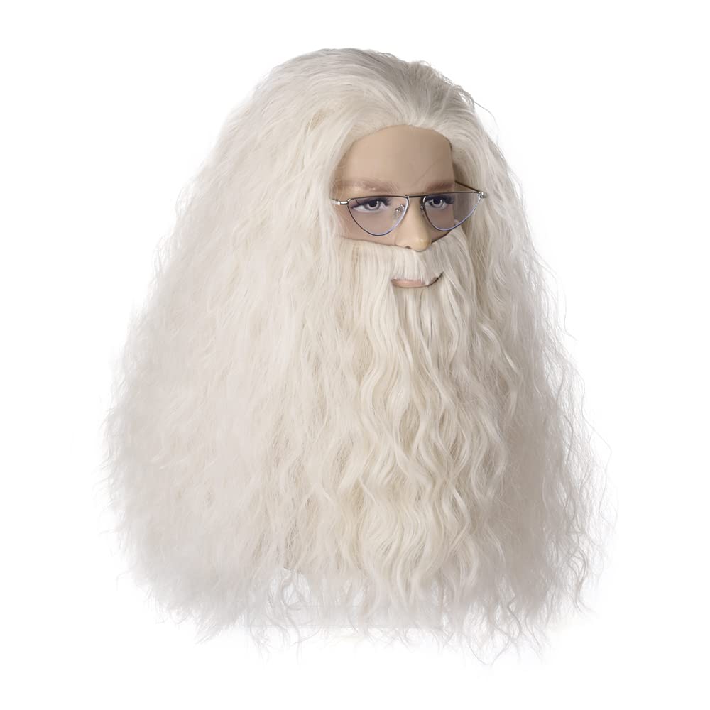 Fake Beard Wig | Qacf Long Curly Mens Wizard Mustache Wig Halloween Costume Cosplay Viking White Wig Glasses and Beard(White)