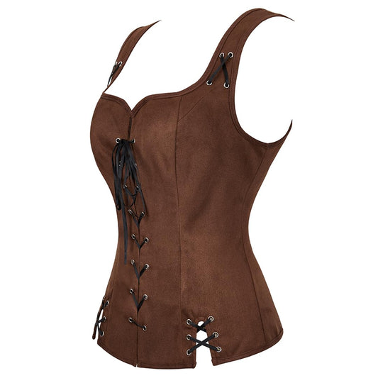 Kranchungel Women Pirate Renaissance Vest Costume Peasant Bodice Medieval Steampunk Pirate Vest Viking Cosplay Costumes Small Dark Brown