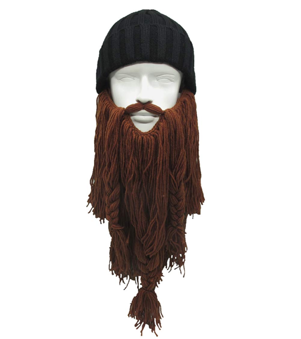 MerryJuly Men's Head Barbarian Vagabond Beanie Original Foldaway Beard Hats Viking Horns Bearded Caps One Size Viking Horns&brown Beard