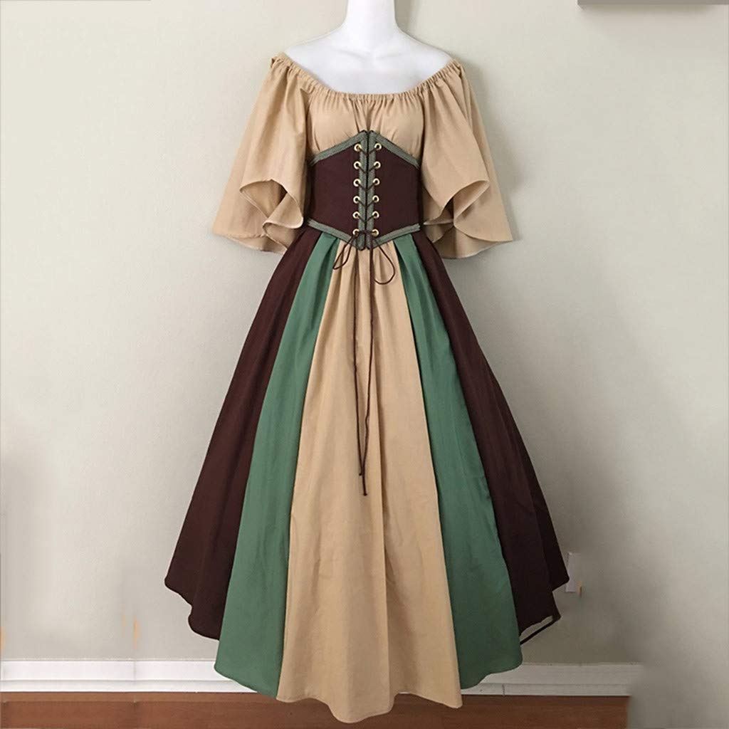 Khaki Women's Medieval Victorian Ball Gown Dress with Puff Sleeves