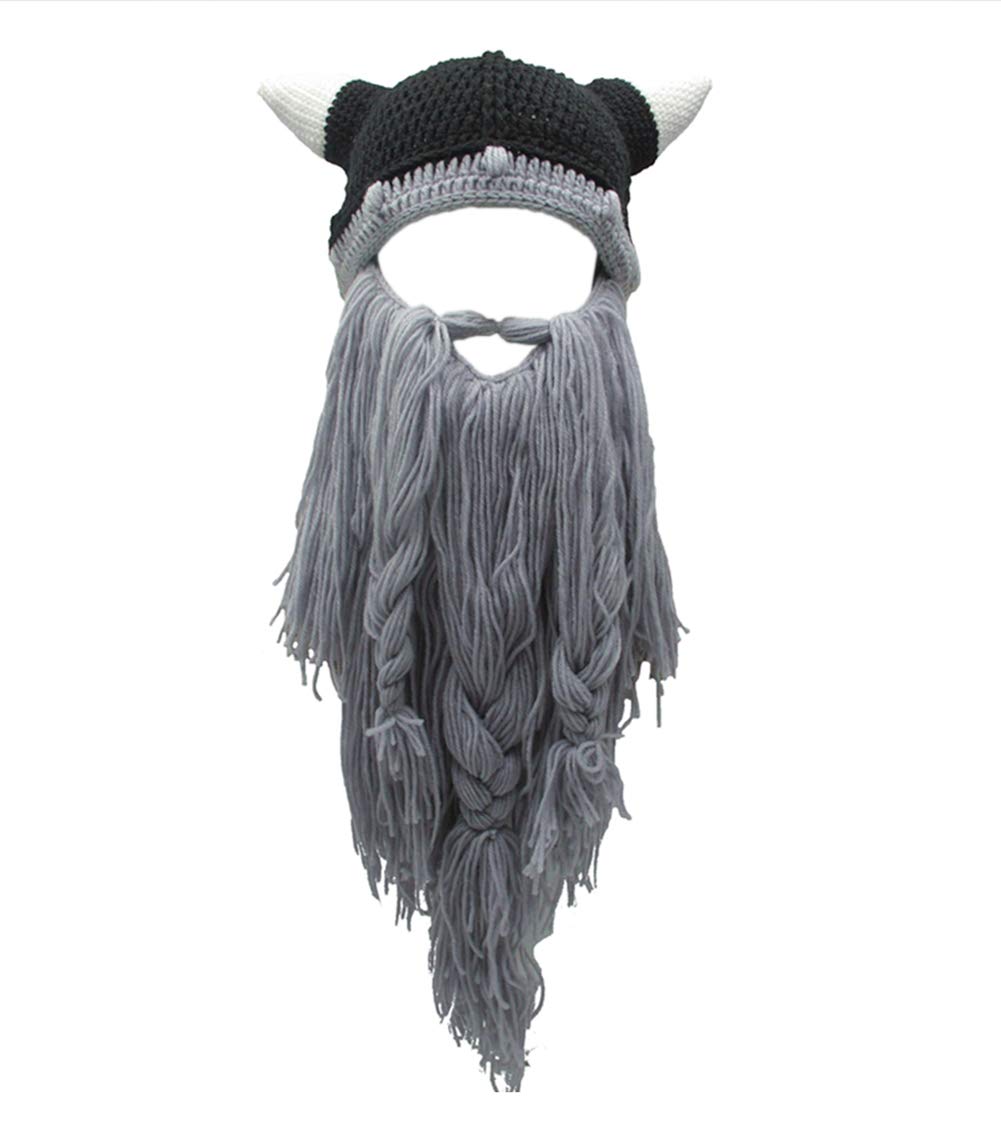 MerryJuly Men's Head Barbarian Vagabond Beanie Original Foldaway Beard Hats Viking Horns Bearded Caps One Size Viking Horns&brown Beard