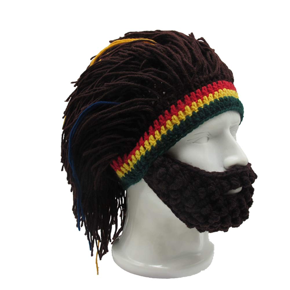 MerryJuly Men's Head Barbarian Vagabond Beanie Original Foldaway Beard Hats Viking Horns Bearded Caps One Size Viking Horns&brown Beard