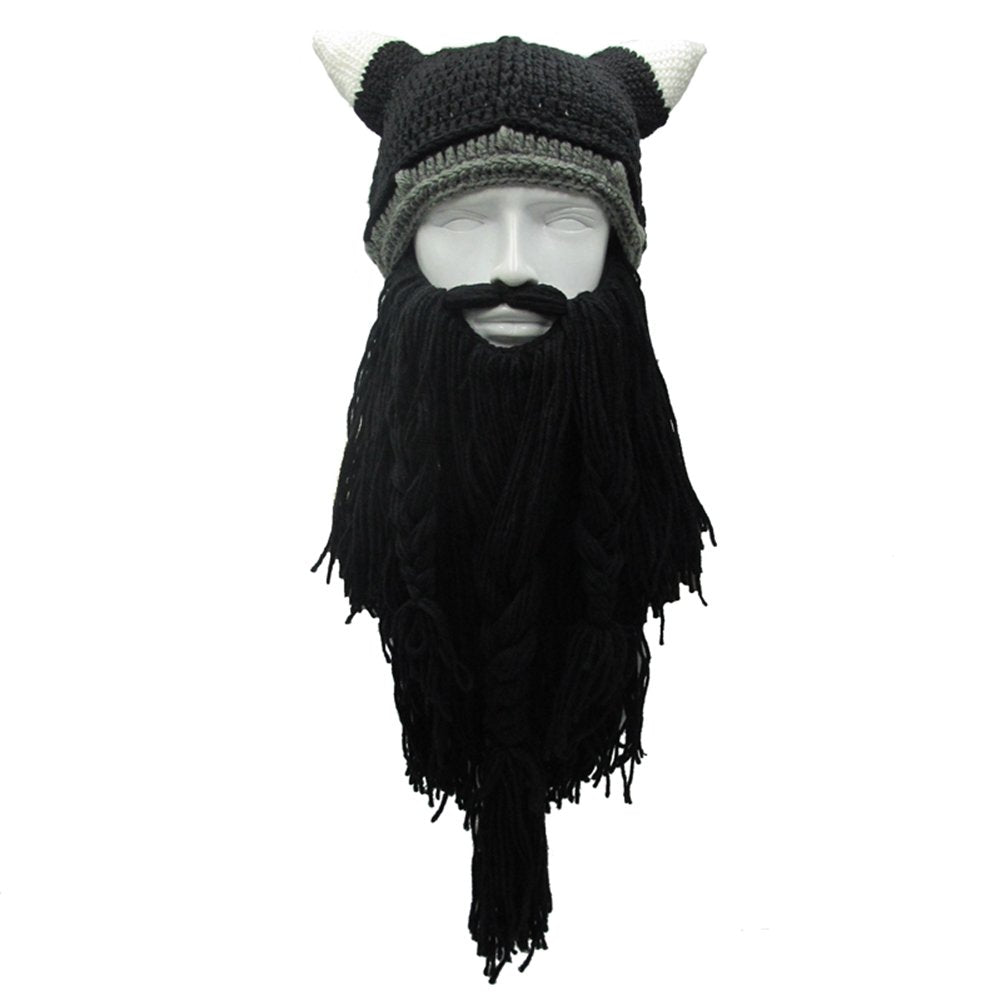 MerryJuly Men's Head Barbarian Vagabond Beanie Original Foldaway Beard Hats Viking Horns Bearded Caps One Size Viking Horns&brown Beard