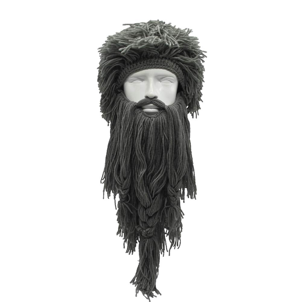 MerryJuly Men's Head Barbarian Vagabond Beanie Original Foldaway Beard Hats Viking Horns Bearded Caps One Size Viking Horns&brown Beard