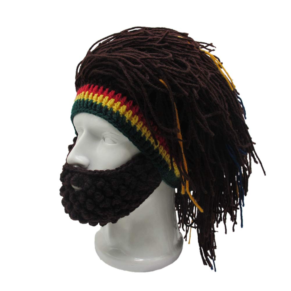 MerryJuly Men's Head Barbarian Vagabond Beanie Original Foldaway Beard Hats Viking Horns Bearded Caps One Size Viking Horns&brown Beard