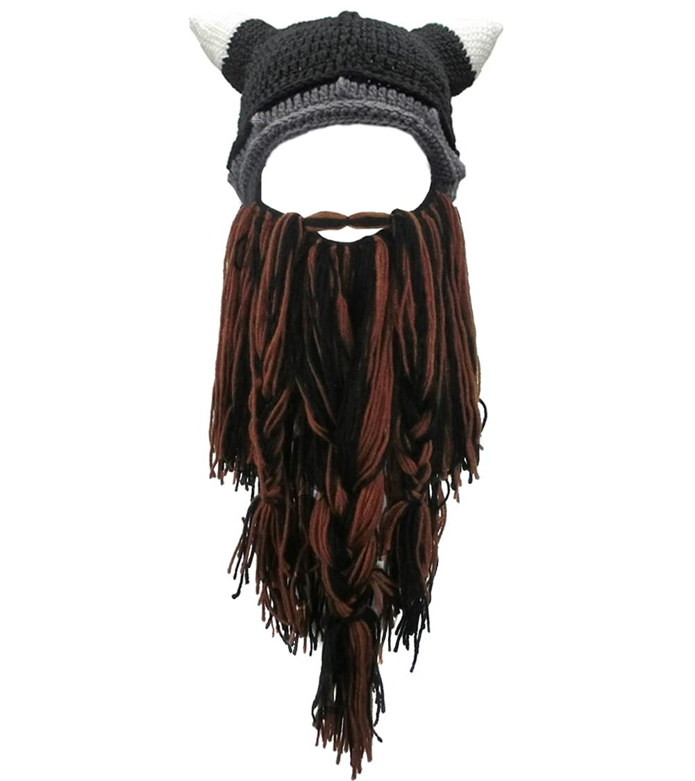 MerryJuly Men's Head Barbarian Vagabond Beanie Original Foldaway Beard Hats Viking Horns Bearded Caps One Size Viking Horns&brown Beard