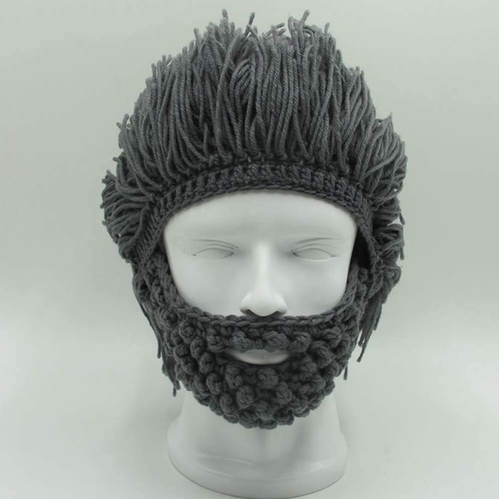 YEKEYI Viking Beard Beanie Horn Hat Winter Warm Mask Knitted Wool Funny Skull Cap One Size Horn Brown