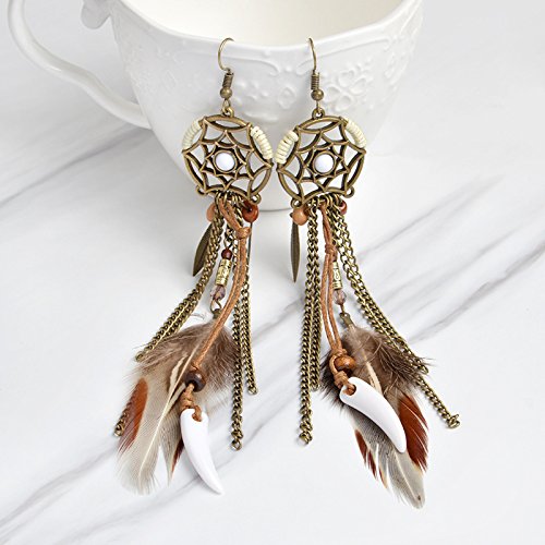 Punk Vintage Long Tassel Feather Beads Drop Wolf Tooth Pendant Earring Fish Hook Earrings Brown A