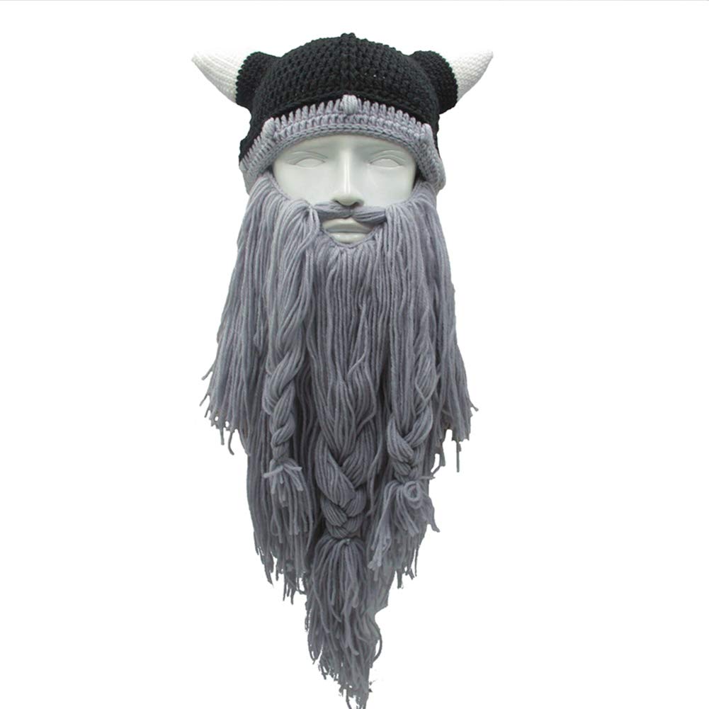 MerryJuly Men's Head Barbarian Vagabond Beanie Original Foldaway Beard Hats Viking Horns Bearded Caps One Size Viking Horns&brown Beard