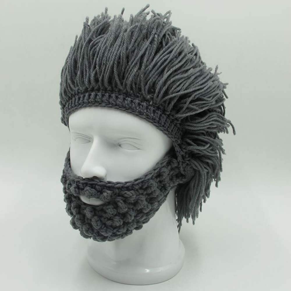 YEKEYI Viking Beard Beanie Horn Hat Winter Warm Mask Knitted Wool Funny Skull Cap One Size Horn Brown