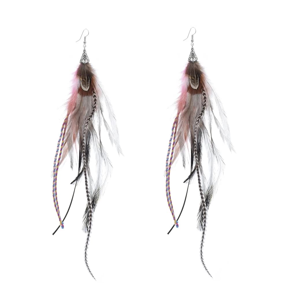 Punk Vintage Long Tassel Feather Beads Drop Wolf Tooth Pendant Earring Fish Hook Earrings Brown A