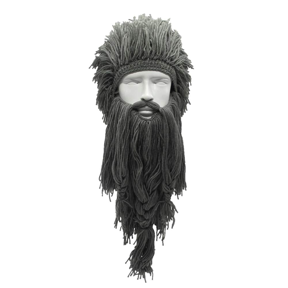 MerryJuly Men's Head Barbarian Vagabond Beanie Original Foldaway Beard Hats Viking Horns Bearded Caps One Size Viking Horns&brown Beard