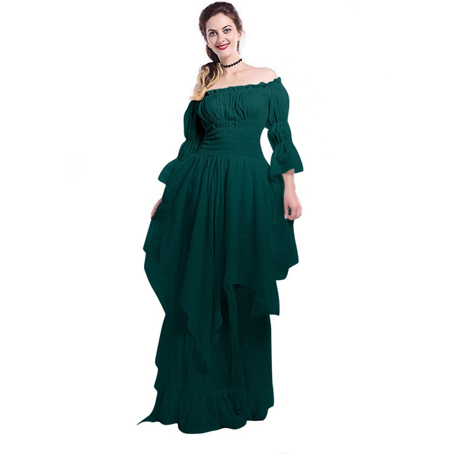 Khaki Women's Medieval Victorian Ball Gown Dress with Puff Sleeves