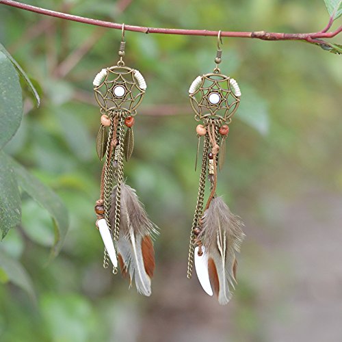 Punk Vintage Long Tassel Feather Beads Drop Wolf Tooth Pendant Earring Fish Hook Earrings Brown A