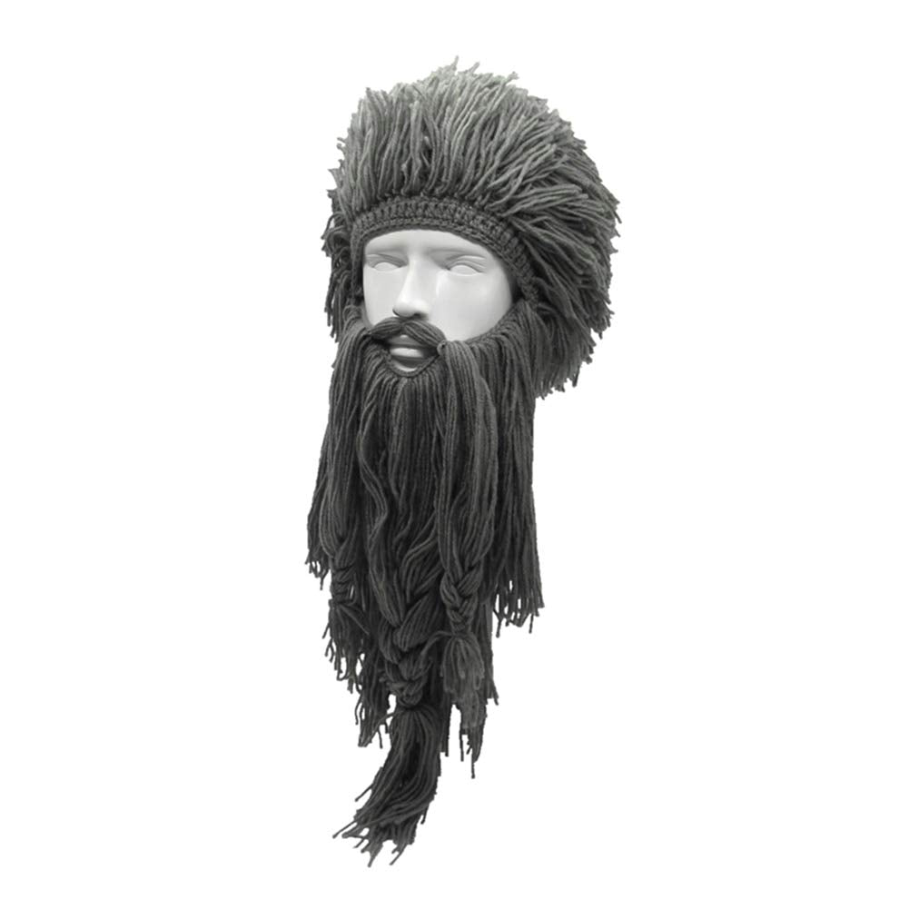 MerryJuly Men's Head Barbarian Vagabond Beanie Original Foldaway Beard Hats Viking Horns Bearded Caps One Size Viking Horns&brown Beard