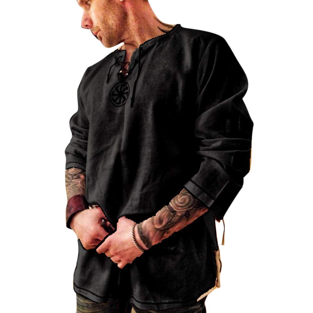 Men's Fashion Cotton Linen Shirt Long Sleeve Solid Color Ethnic Beach Yoga Top X-Large Black