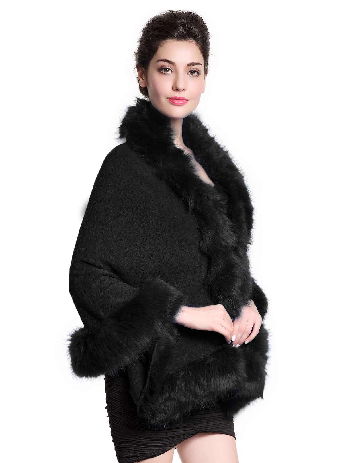 Faux Fur Shawl Wrap Stole Capelet Bridal Winter Wedding with Hook Hooded-black