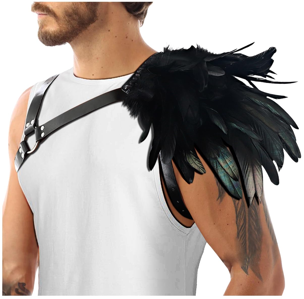 L'VOW Gothic Feather Harness Costume for Men Adjustable Faux PU Leather Shoulder Armor Medieval Guards for Halloween Cosplay Black