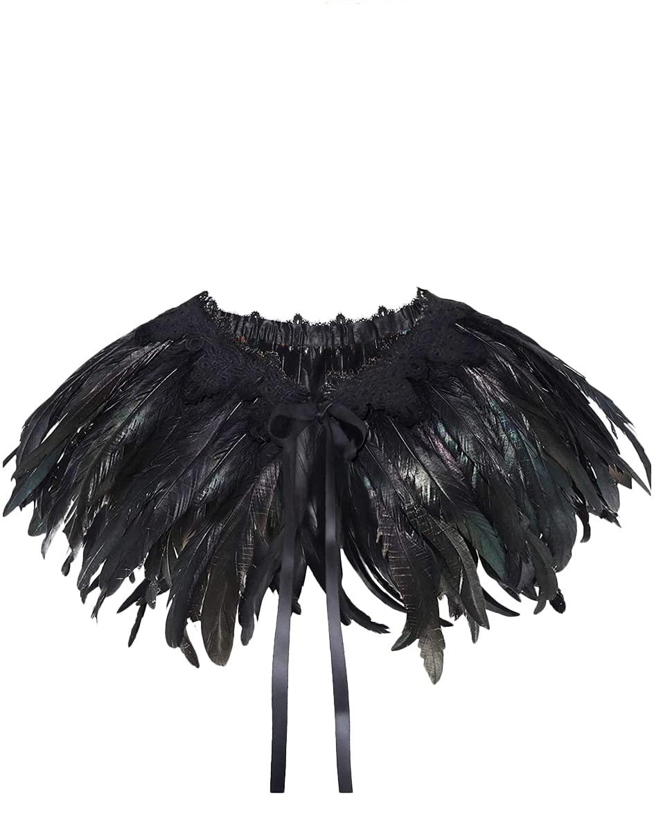 L'VOW Women' Natural Feather Shrug Cape Shawls Lace Collares for Halloween Cosplay Y1-black